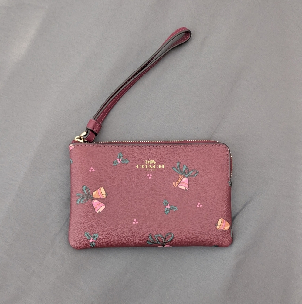 Coach Corner Zip Wristlet With Holiday Bells Print